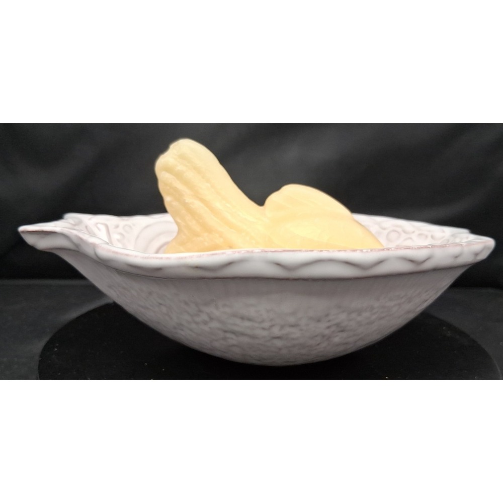 White ceramic dish with geometric and swirl patterns boat-shaped w/soap fish - Picture 2 of 11